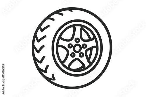 Vector tire and wheel icon in linear style, car tire illustration with detailed rim design, automotive tire symbol, transparent background, simple cartoon wheel graphic