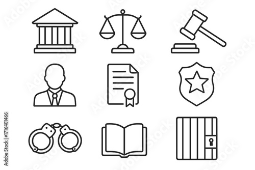Law and justice vector icon set. Linear symbols for legal concepts, crime, and punishment. Courthouse, scales, gavel, police badge, handcuffs, prison. Outline pictogram pack.