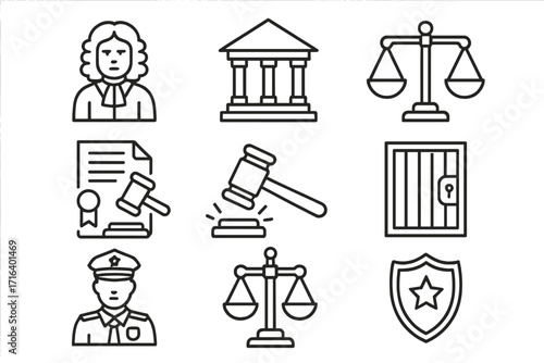 Law and justice icon set. Linear symbols of legal concepts. Vector collection with judge, courthouse, gavel, police, crime, jail cell, scales of justice, legal document.