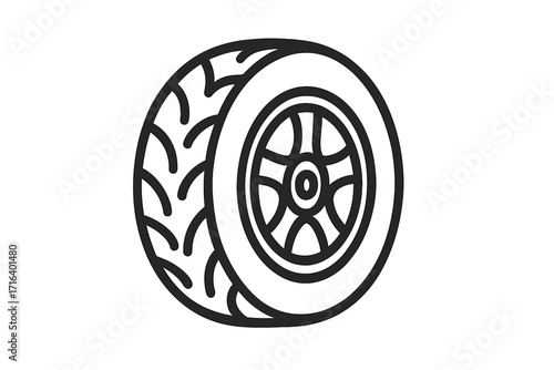 Car wheel tire icon with detailed tread pattern, linear style vector cartoon illustration, automotive spare part symbol, isolated transparent background, transportation design element