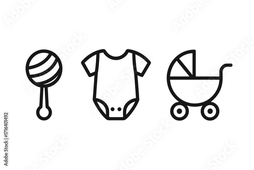 Baby essentials minimal icons set. Rattle, onesie, and stroller for new parents. Vector line art. Newborn infant cartoon symbols. Simple bodysuit, pram, toy illustration.