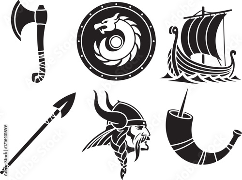 Iconic Viking warrior symbols axe shield ship horn spear