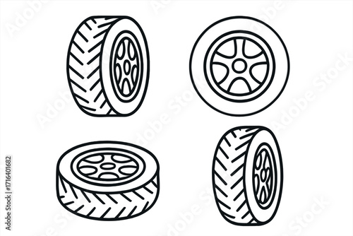Wheel tire symbol set, linear icon style, automotive wheel and tire vector illustrations, cartoon style, isolated transparent background, vehicle parts design elements, ordered collection