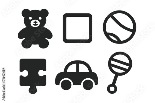 Baby toys icon set. Simple flat vector collection of black silhouettes: teddy bear, block, ball, puzzle piece, car, rattle. Symbols for newborn, childhood, playtime, nursery.