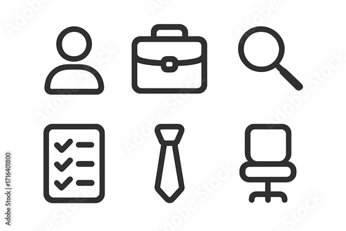 Business line icon set. Job search, career, and recruitment concept. Vector icons of profile, briefcase, search, checklist, office chair, and tie. Human resources symbols.
