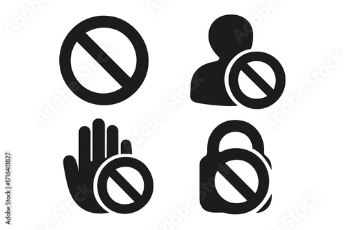 Prohibition and Restriction Icons Set, Ban Symbol, Blocked Access, No Entry Sign, User Restriction, Stop Hand Gesture, Locked Padlock Silhouette, Vector Concept
