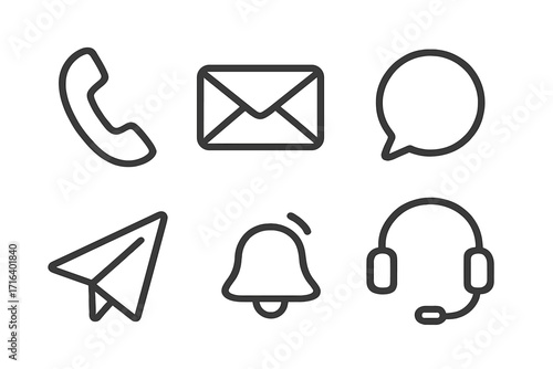 Communication line icon set. Contact us symbols for web and mobile app. Vector collection with phone, mail, chat bubble, headset, notification bell, paper plane. UI UX kit.