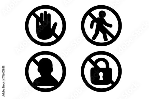 Vector set of prohibition warning icons with hand stop, no entry walking person, no access silhouette, no locked padlock sign, security and safety symbols in black silhouette style