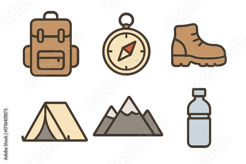 Camping and hiking icon set. Minimalist cartoon vector illustration. Backpack, compass, boot, tent, mountain, water bottle symbols for adventure, travel and outdoor activity.