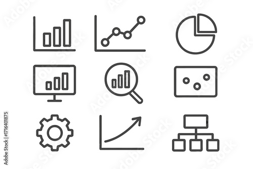 Data analytics thin line icons set. Business intelligence outline symbols. Chart, graph, diagram for report. Statistics, finance, market analysis. Growth, trend vector signs.