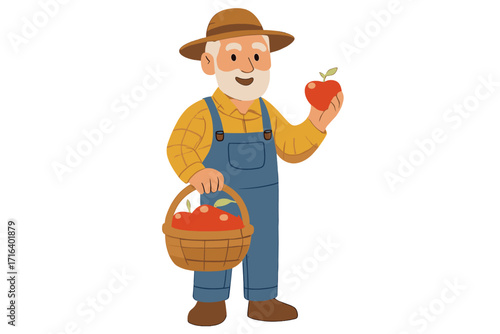 Happy old farmer character with apple harvest in basket. Cartoon vector illustration of a senior man gardener. Healthy organic food, agriculture concept. Isolated on white.