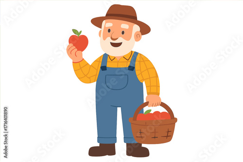 Old farmer cartoon character holding a red apple and a basket with fruit harvest. Happy senior gardener smiling. Agriculture, farming, healthy organic food concept. Vector.