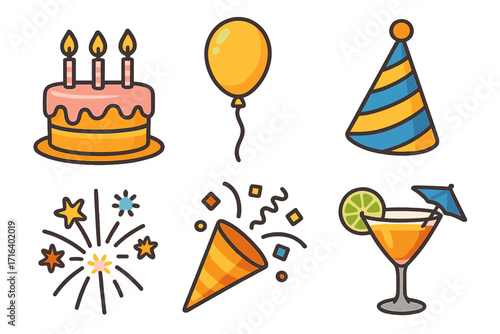 Party and celebration vector icon set. Cartoon collection of birthday cake, balloon, party hat, fireworks, popper with confetti, and cocktail. Flat holiday event design elements.