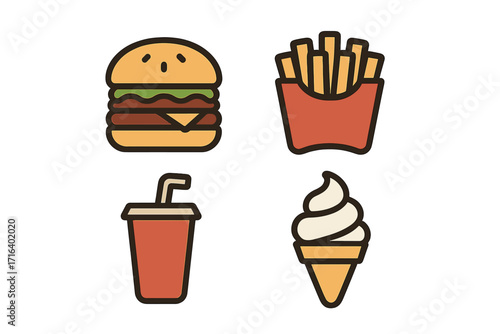 Fast food icon set. Minimalist flat design vector cartoon illustration of popular junk food. Hamburger, french fries, soda drink, and ice cream dessert symbols for menu.