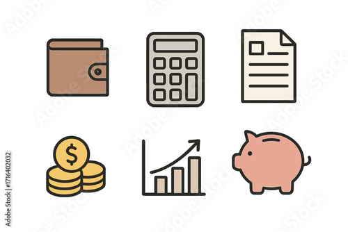 Minimalist finance icons set with wallet, calculator, tax document, coins, growth chart, and piggy bank. Vector cartoon illustration for business, savings, investment, budget.