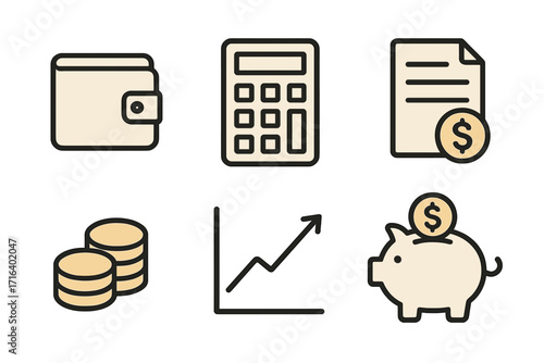 Finance and business icons collection. Minimalist vector set for concepts like saving, investment, budget, and economy. Includes piggy bank, wallet, money, calculator, growth chart.