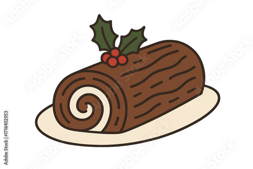 Christmas chocolate yule log cake illustration. Festive holiday dessert with cream swirl and holly berry decoration. Bûche de Noël sweet pastry food vector icon design.