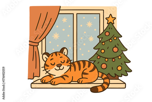 Cute tiger sleeps on windowsill near a Christmas tree. Cozy winter holiday illustration. Hand drawn vector character for a New Year greeting card, symbol of the year design.