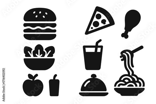 Food icons set glyph silhouette style. Fast food burger, pizza, chicken leg and pasta. Healthy meal salad, apple. Restaurant menu symbol, drink and serving cloche illustration.