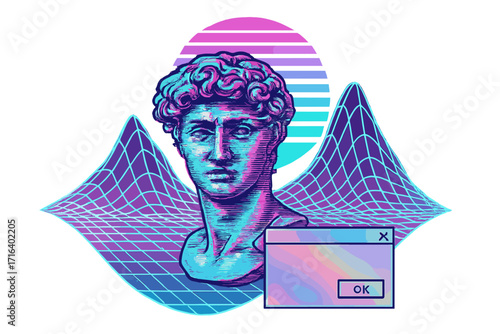 Vaporwave aesthetic design with classical Greek sculpture head and retro UI dialog box. 80s synthwave futuristic digital art with neon grid landscape for t-shirt print.