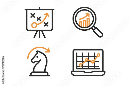 Business strategy and data analytics icon set. Vector collection for planning, tactics, market analysis, financial growth. Includes chess move, graph, chart, and research icons.