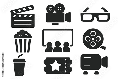 Cinema movie solid glyph icons set. Film industry and entertainment symbols. Vector silhouette collection including clapperboard, camera, popcorn, 3D glasses, ticket, film reel.