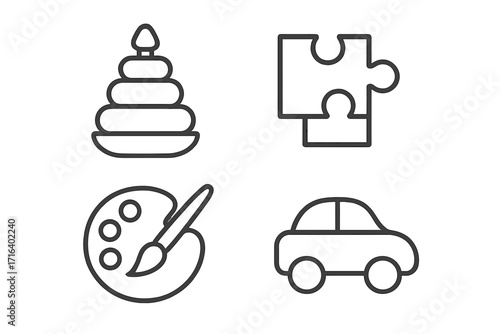 Kids toys and creative hobbies icon set. Minimalist line art of car, puzzle, palette, and pyramid. Vector symbols for childhood development, education, learning, and play.