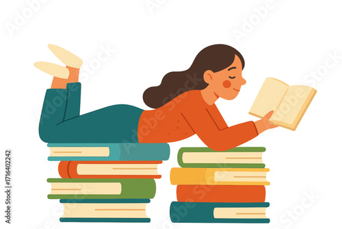 Woman reading on a pile of books. Self-education, learning concept. Student character studying. Quote Never stop reading. World book day, book fair flat vector illustration.