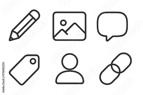 Minimalist line icon set for web and UI design. Vector symbols for edit, image, comment, tag, user profile, and hyperlink. Modern pictograms for business applications.