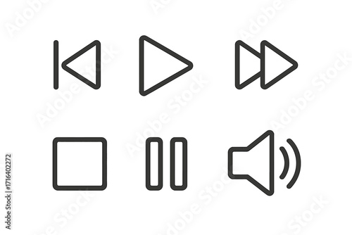 Media player control icon set with play, pause, stop, next, and previous buttons. Simple line art symbols for audio and video interfaces. Vector graphic elements for web design.