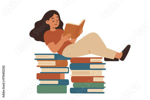 Young woman character reading on a big pile of books. Student studying with literature. Self education, learning, knowledge concept. Vector illustration for library or bookstore.