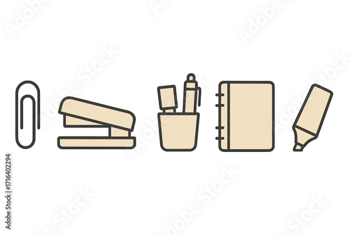 Office supply icon set vector. Minimalist stationery clip art with paperclip, stapler, pen holder, notebook, highlighter. Business equipment outline icons for web design.