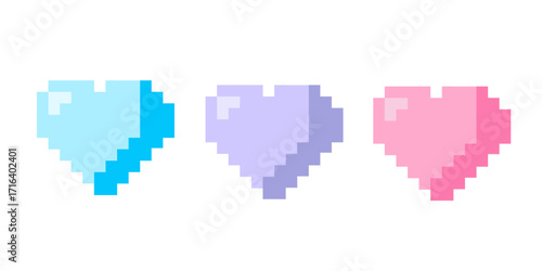 Pixel Heart Collection Pastel Blue, Purple, and Pink Vector Illustration Pixel art