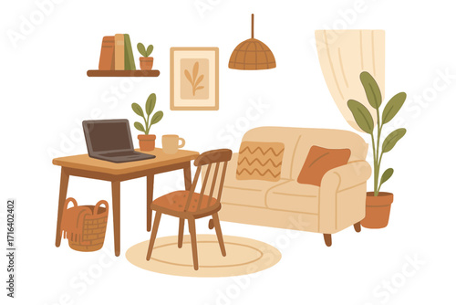 Cozy living room interior with home office workspace. Modern hygge furniture for freelance remote work. Scandinavian bohemian style decor. Vector cartoon illustration.