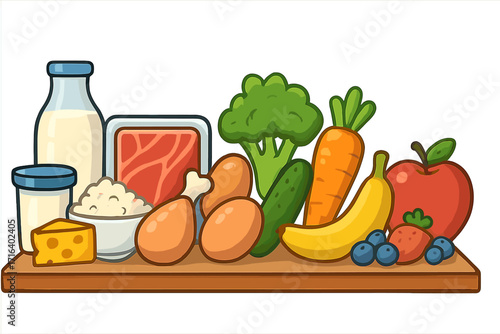 Healthy food products on a shelf. Balanced diet concept with dairy, meat, vegetables, and fruit. Grocery shopping for nutrition. Vector cartoon illustration of all food groups.