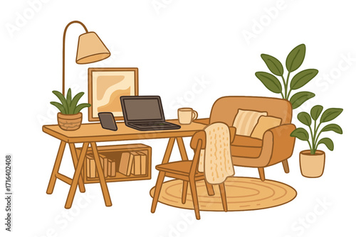 Cozy home office for freelance or remote work. Modern hygge living room interior with desk, laptop, armchair, and plants. Comfortable workspace concept for working from home.