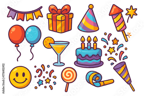 Party icon set cartoon vector. Birthday celebration elements collection. Festive sticker pack with cake, gift box, balloon, confetti, firework, hat, cocktail and lollipop.