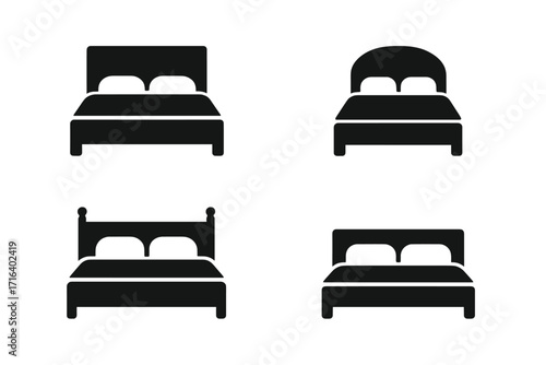 Bed icon set. Minimalist furniture silhouette for home decor. Vector pictogram collection. Simple black sleep symbol. Bedroom, hotel, rest and accommodation graphic signs.