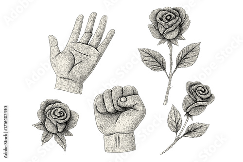 Hands and roses set with retro grain texture. Vector elements for brutalism design. Open palm for peace, clenched fist for protest, revolution. Engraving y2k style.