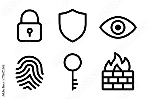 Minimalist security icon set with lock, shield, eye, fingerprint, key, firewall symbols, vector cartoon illustration, transparent background, ordered collection for cybersecurity and protection design