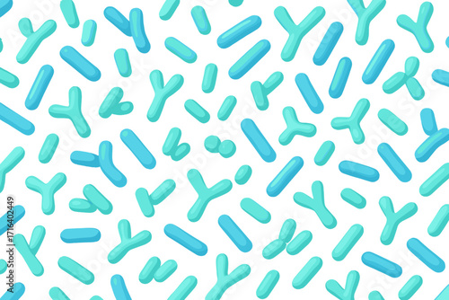 Microbiome seamless pattern. Probiotic bacteria background concept. Lactobacillus, bifidobacteria gut flora for digestive health. Prebiotic, acidophilus microorganisms. 3D vector.