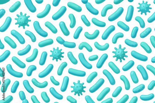 Microbiome seamless pattern. Probiotic bacteria background. Lactobacillus, bifidobacteria. Gut flora, digestive health science concept. 3D render cartoon microbe, virus illustration.