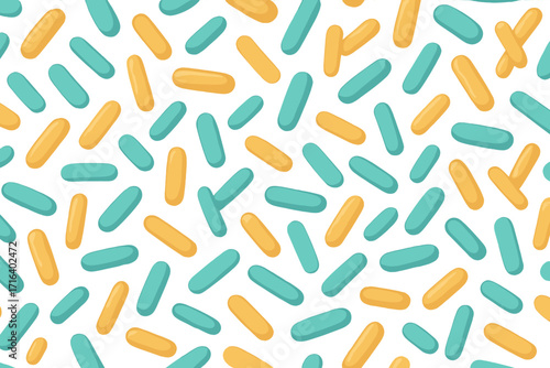 Microbiome seamless pattern with probiotic bacteria. Gut health science background. Lactobacillus, bifidobacteria for digestion. Prebiotic medical vector cartoon illustration.