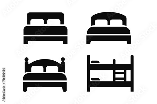 Bed icon set. Minimalist furniture silhouettes for home decor and hotel symbols. Vector collection of double bed, bunk bed, and bedroom pictograms. Sleep and rest concept.