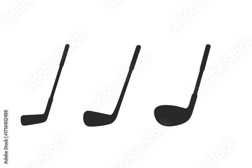 Minimalist golf club silhouettes vector collection. Sports equipment icon set with iron, wood, driver. Black graphic illustration for game, hobby, tournament, or leisure.