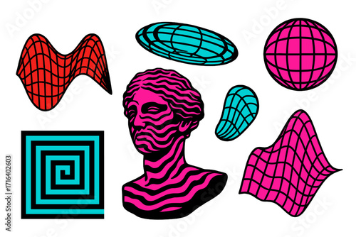 Neo-brutalism modern poster with wavy distorted statue. Psychedelic brutal wireframe shapes. Template for t-shirts and hoodies. Vaporwave, y2k, futuristic design elements.