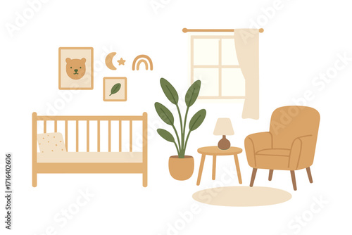 Cozy nursery room interior. Modern baby bedroom with crib, armchair, and decorations. Scandinavian boho style home decor and furniture. Flat vector illustration for newborn.