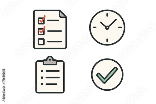 Minimalist task management icons set for productivity apps and tools, checklist, clipboard, time clock, and green check mark symbols, vector cartoon illustration with transparent background