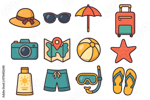 Summer travel essentials icon set. Vector cartoon illustration of vacation items. Beach holiday collection with sunglasses, camera, map, luggage, ball, and flip flops. Flat design.