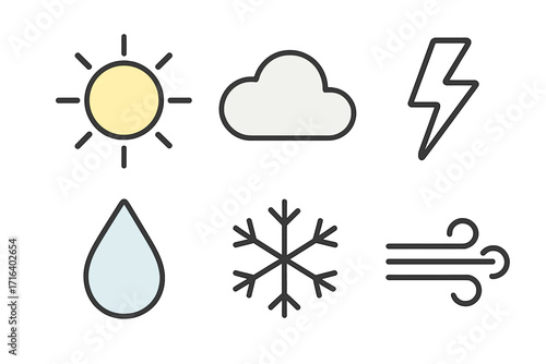 Minimalist weather icons set with sun, cloud, lightning, raindrop, snowflake, wind symbols, vector cartoon illustration, transparent background, ordered icon set
